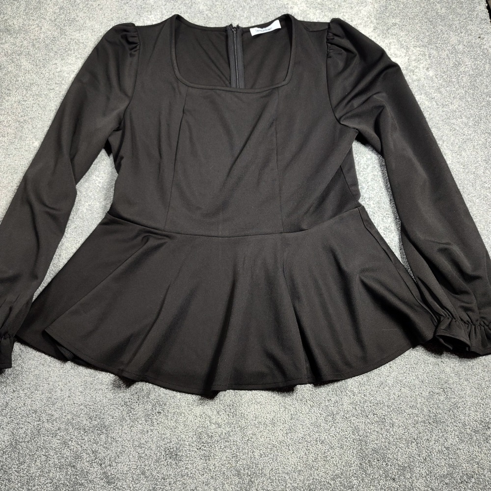 Jasambac Black Square Neck Peplum Long Sleeve Top Women Size L